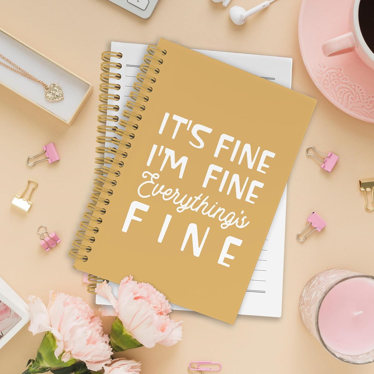 XPH Funny Yellow Spiral Notebook, It's Fine I'm Everything Is Fine Journaling Notebooks for Women Men, Humorous Hardcover Journals for Office 160 Pages 5.5 x 8.3 Inch, Sarcastic Gifts for Coworkers