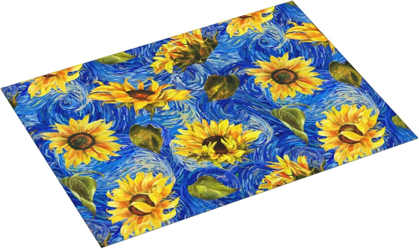 Starry Night Sunflower Blue Dish Drying Mat For Kitchen Counter Absorbent Large Kitchen Fast Dry Pad Reusable Washable Protector Rack Large Mat 18 X 24