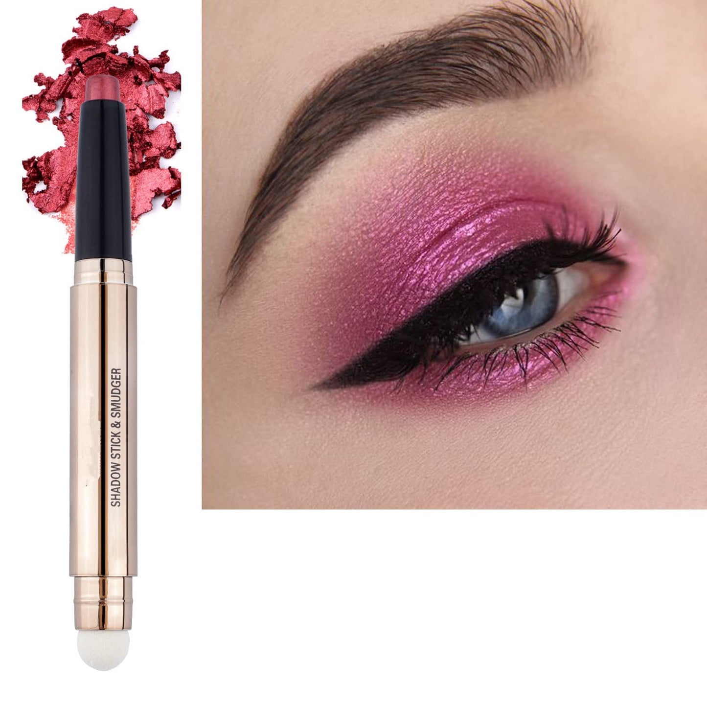 Rose Red Eyeshadow Stick Makeup, Highlighter Matte Cream Eye Shadow Pencil, Waterproof Hypoallergenic Long Lasting Crayon, Glitter Primer Palette Shimmer Eyeliner Pen wiht Soft Brush