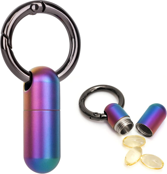 TISKY Small Keychain Pill Holder Titanium,Waterproof Tiny Pill Container with Keyring,Mini Portable Pill Case for Travel,Pill Organizer for Purse Pocket(Multicolor)