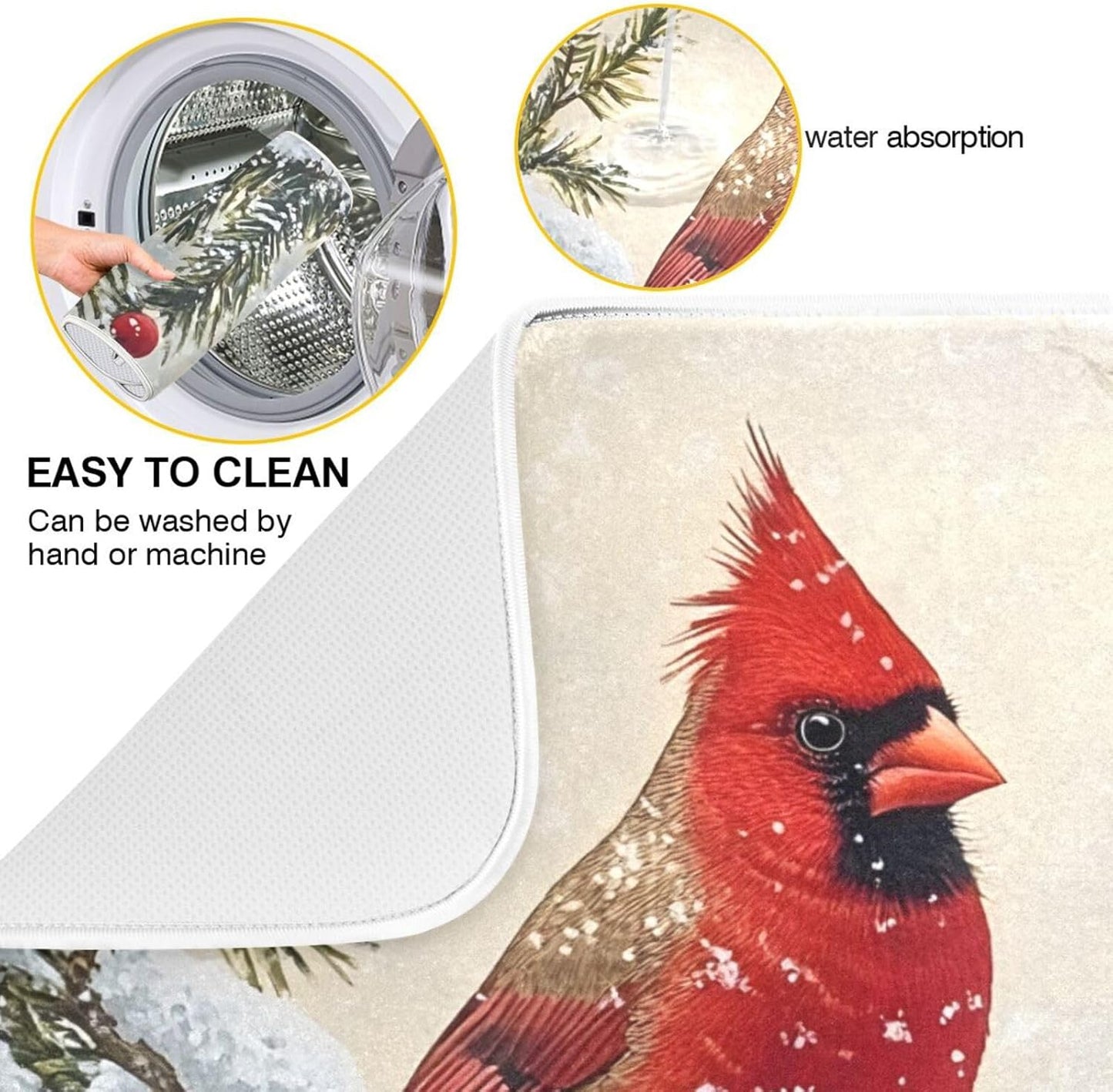 Christmas Dish Drying Mat Red Cardinals Birds Snowflake Branches Berries Winter Christmas Dish Drainer Mat for Kitchen Counter Drying Mat 16 x 18 Inch Absorbent Microfiber Dish Mat