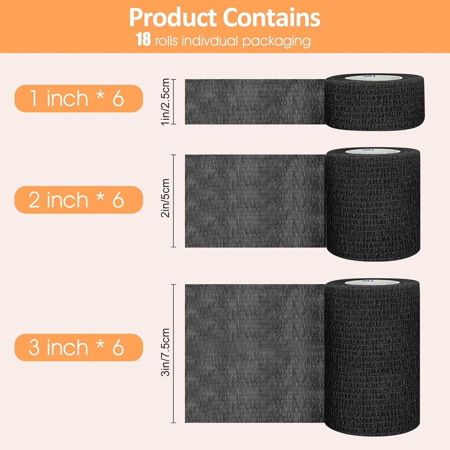 1"/2"/3" Self Adhesive Bandage Wraps, 18 Pack Black Self Adherent Cohesive Bandages Wrap for Wounds, Vet Wrap, Ankle Tape, Tattoo Tape Wrap, Medical Tape, Color Athletic Tape