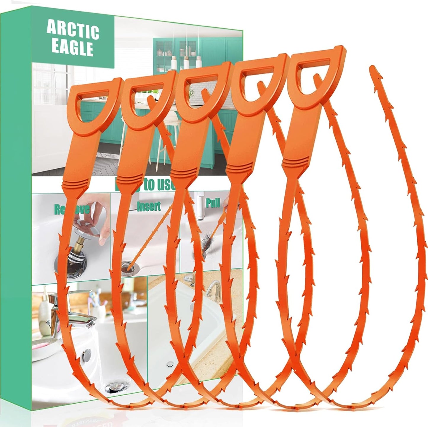 Drain Snake Hair Drain Clog Remover - 5 Pack Shower Snake Sink Unclogger Tool with Exquisite Packaging (Orange)