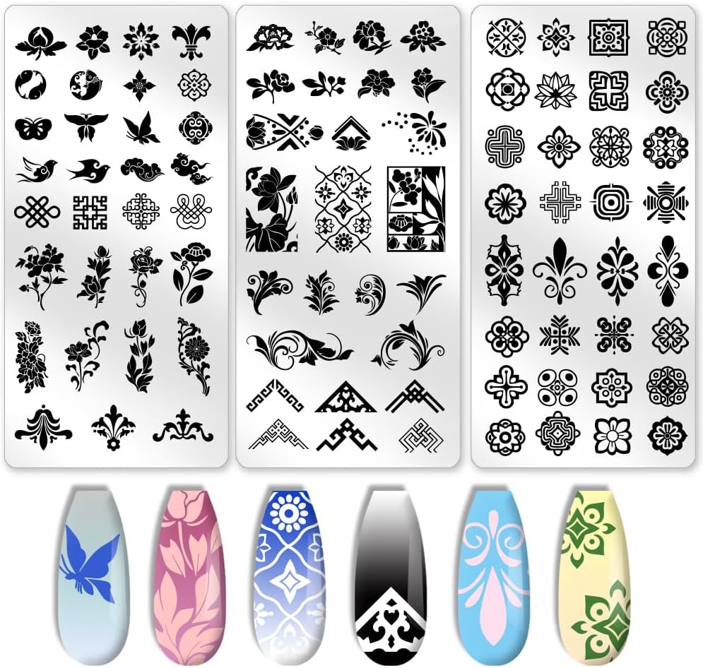 3Pcs Geometric Nail Stamping Templates Celadon French Tip Nail Art Stamp Plates Image Plate Stainless Steel DIY Reusable Tools for Manicure Printing