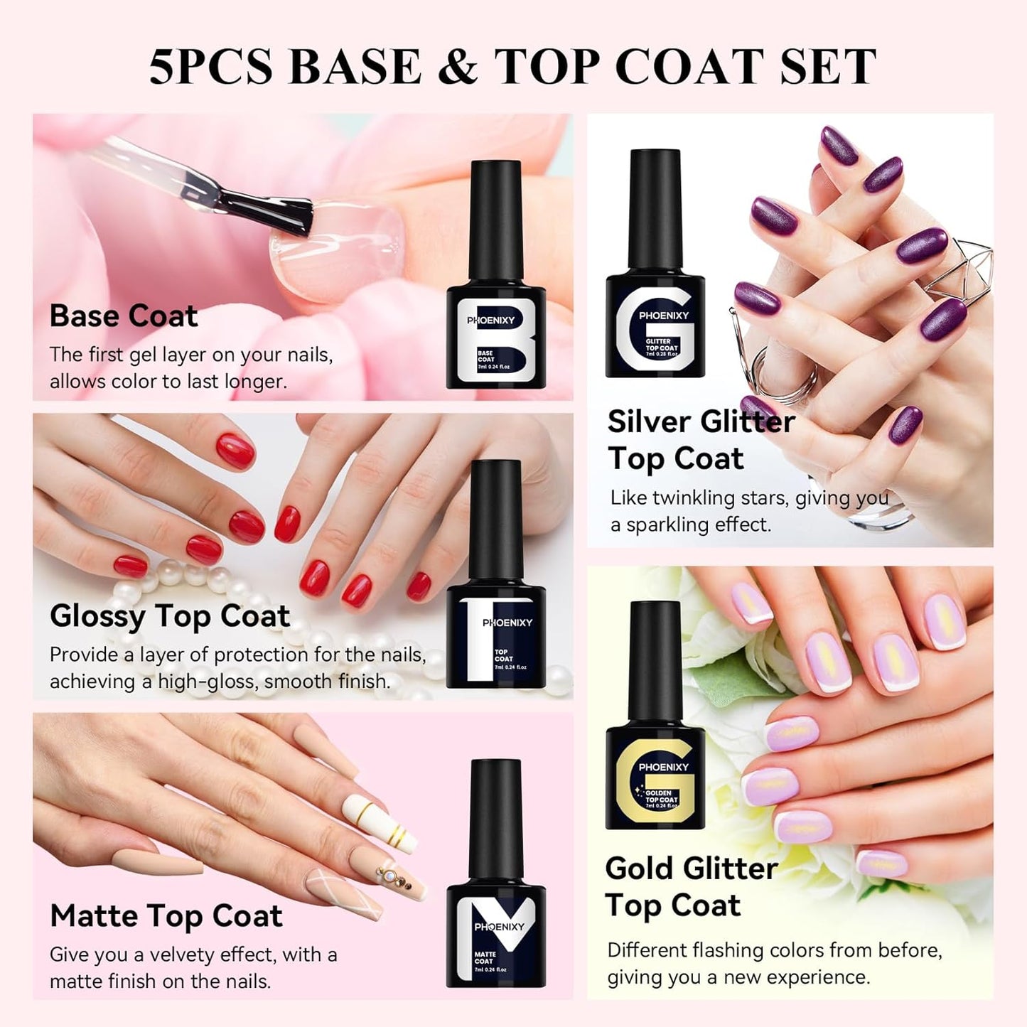 Phoenixy 30 PCS Gel Nail Polish 25 Colors Gel Nail Polish Set with Base Coat Glossy Matte and Glitter Top Coat Pink Red Green Starter Gift for Women - PCB9041