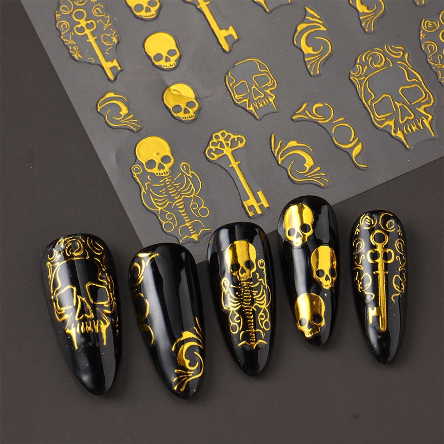 6 Sheets Halloween Gold Nail Art Stickers Decals Spider Web Nails Stickers with Rhinestones Design 5D Skull Nails Decal Self-Adhesive Bat Nail Art Decal for Women Halloween Decor