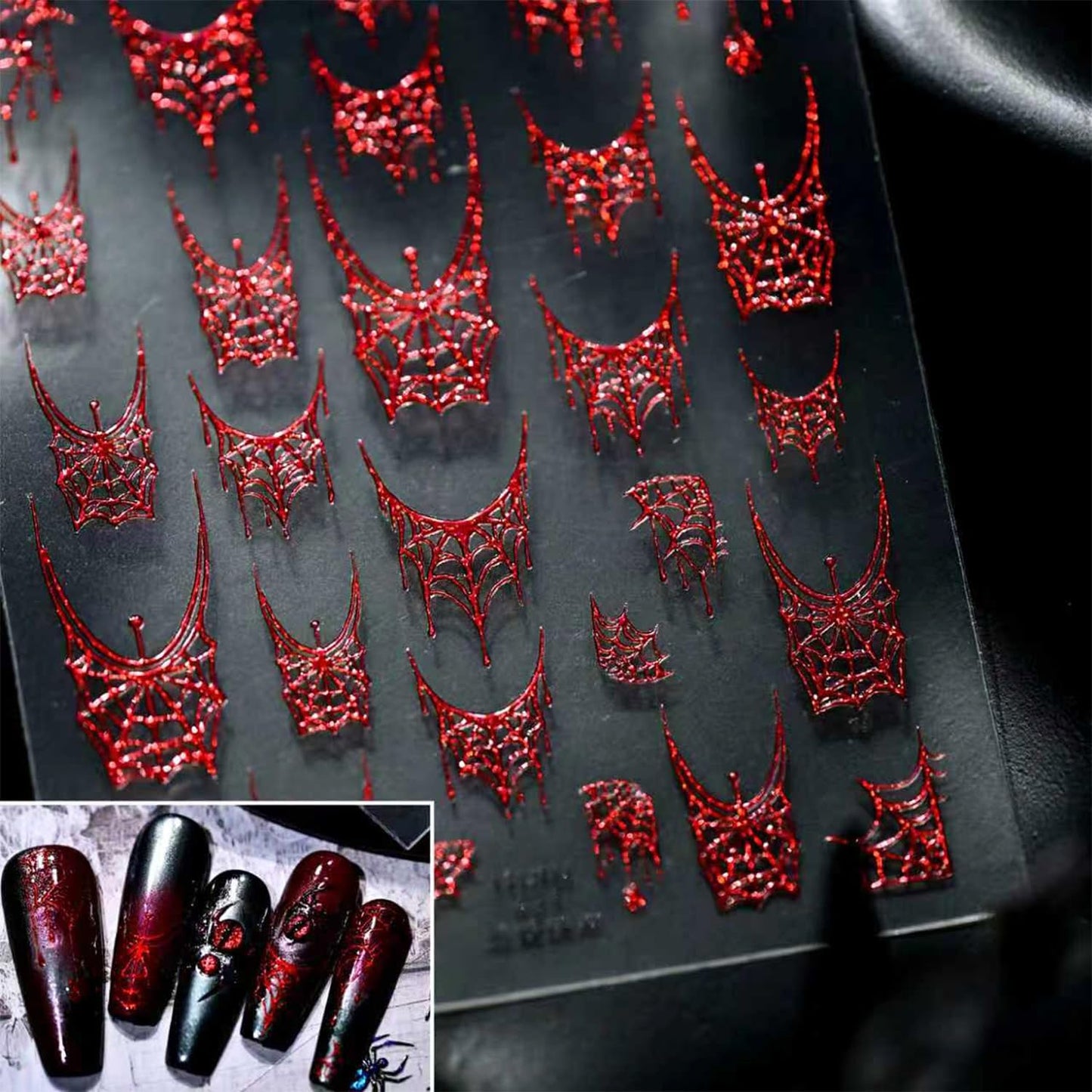 1 Sheets Halloween Nail Stickers for Nail Art 5D Self-Adhesive Spider Web Nail Art Stickers Red Spider Web Nail Decals Halloween Embossed Nail Design Sticker for Women DIY Nail Decoration