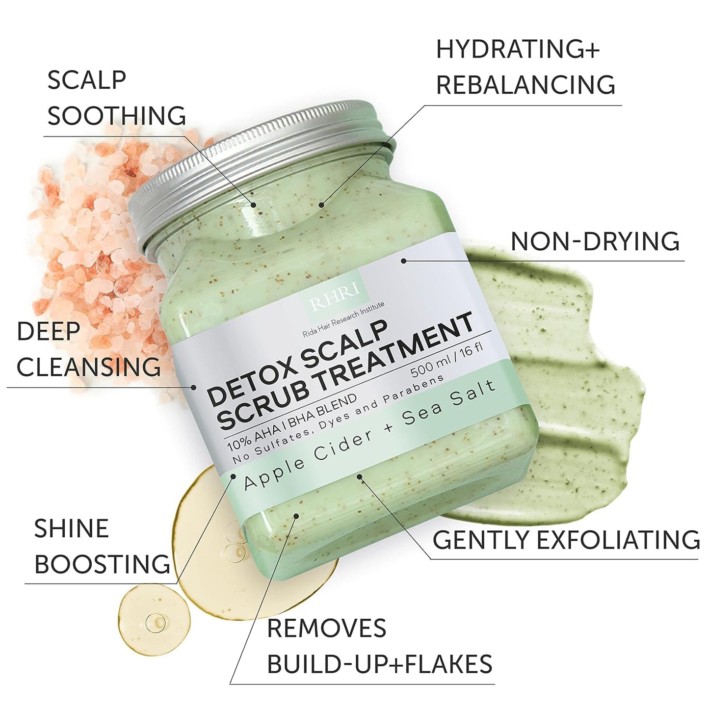 Apple Cider & Sea Salt Green Scalp Scrub Sulfate-Free | 10% AHA & BHA | Exfoliating Hair & Scalp Treatment for Detox, Dandruff & Build-Up | Scalp Exfoliator Hair Scalp Scrub | Refreshing ( 16 Fl Oz )