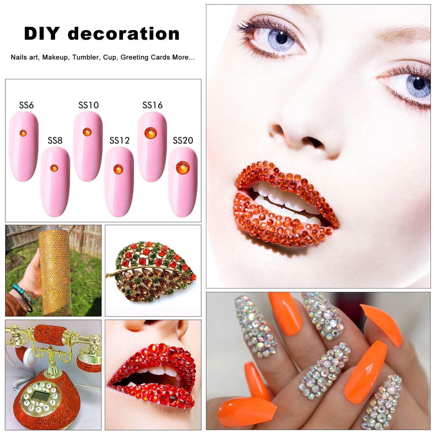 4240Pcs Orange Flatback Rhinestones 6 Sizes Crystal Diamonds for Nail Art Crafts Clothes Shoes with Tweezers and Picking Pen