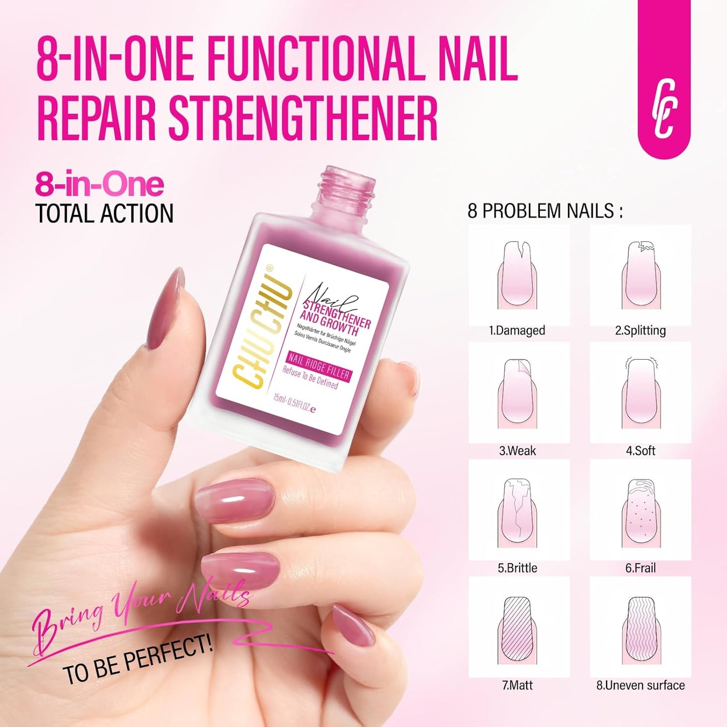 Nail Strengthener for Women: 8 in 1 Dusty Rose Nail Hardener Extra Strong and Growth - Nail Polish Hardener for Weak and Damaged Nails 15ml