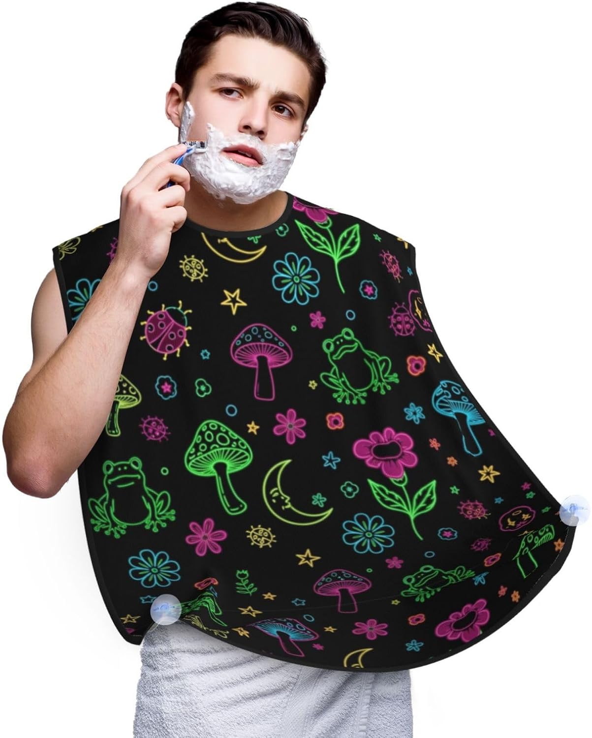 Adjustable Beard Bib, Non-Stick Hair Catcher Cape for Men's Shaving, Waterproof with 2 Suction Cups, Purple Flower Trippy Goth Moon Mushrooms Floral Shave Bib