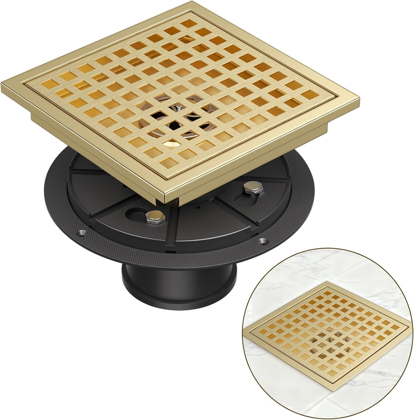 Square Shower Floor Drain with Flange, 4 Inch Brushed Gold Shower Drain Hair Catcher, SUS304 Stainless Steel Floor Drain Strainer, Shower Drain Cover