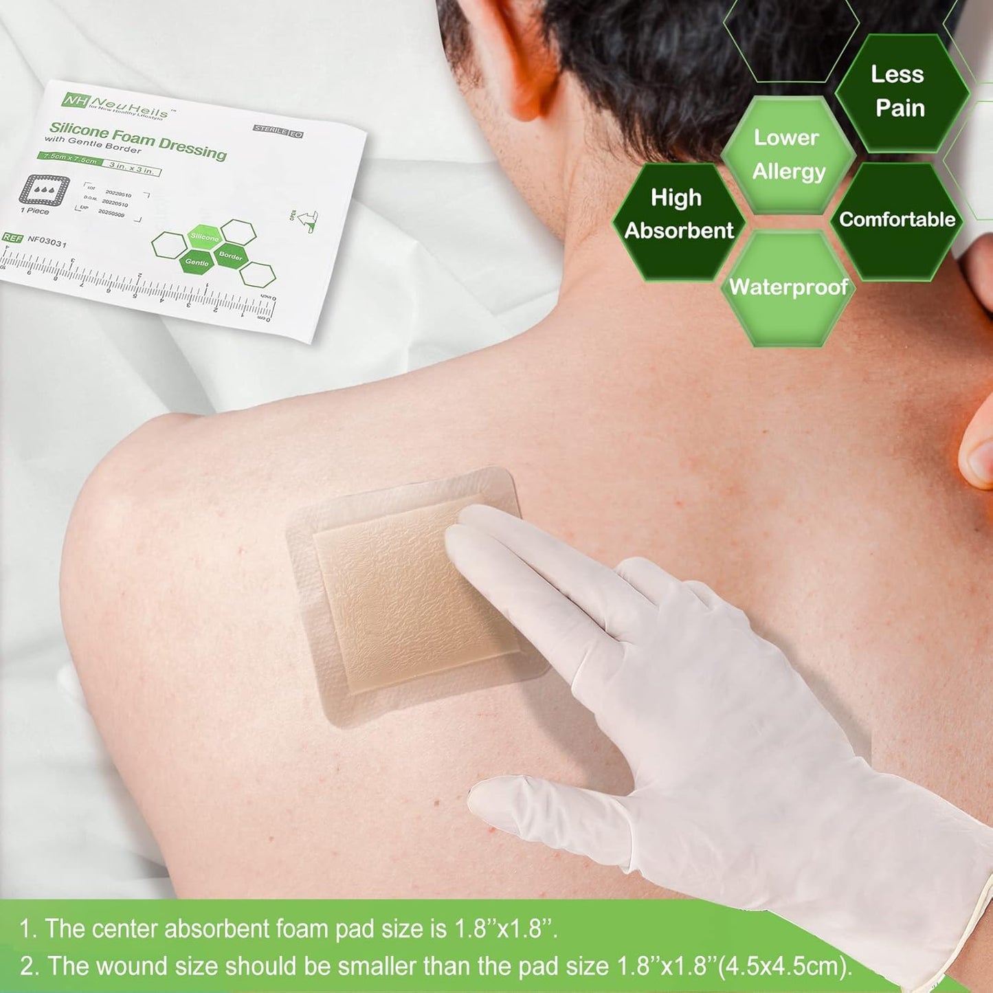 NeuHeils Silicone Adhesive Foam Dressing with Gentle Border 3''x3'' for Bed Sore, 10 Packs, High Absorbency Waterproof Silicone Wound Bandage for Foot Diabetic Ulcer