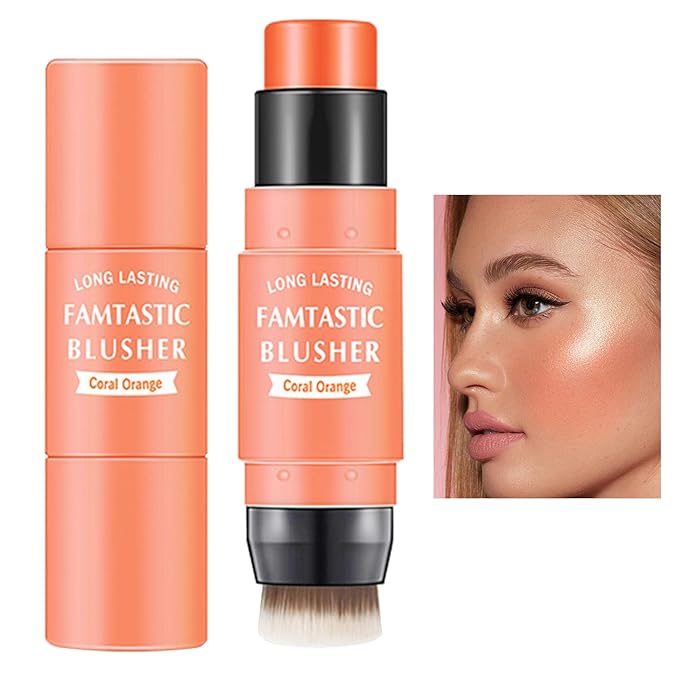 Cream Blush Stick with Brush,Waterproof Multi Cream Makeup Stick,Lightweight,Long-lasting,2 in 1 Multi Blush for Cheeks & Lip Tint & Eyeshadow Makeup(#03 Coral Orange)