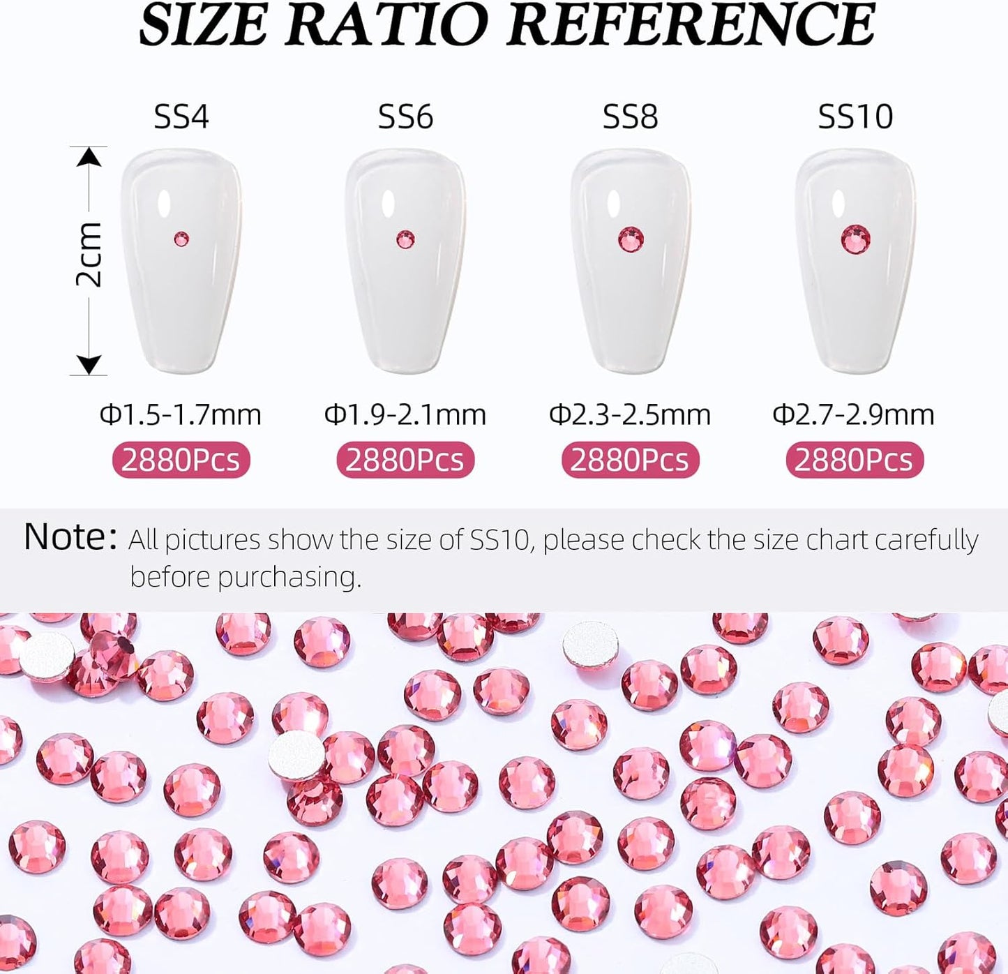 Rose Flatback Rhinestones, Glass Rhinestones for Nail Art and Craft, Glue Fix, Loose Crystal Gemstones(Rose, SS8, 2880pcs, 2.3-2.5mm)
