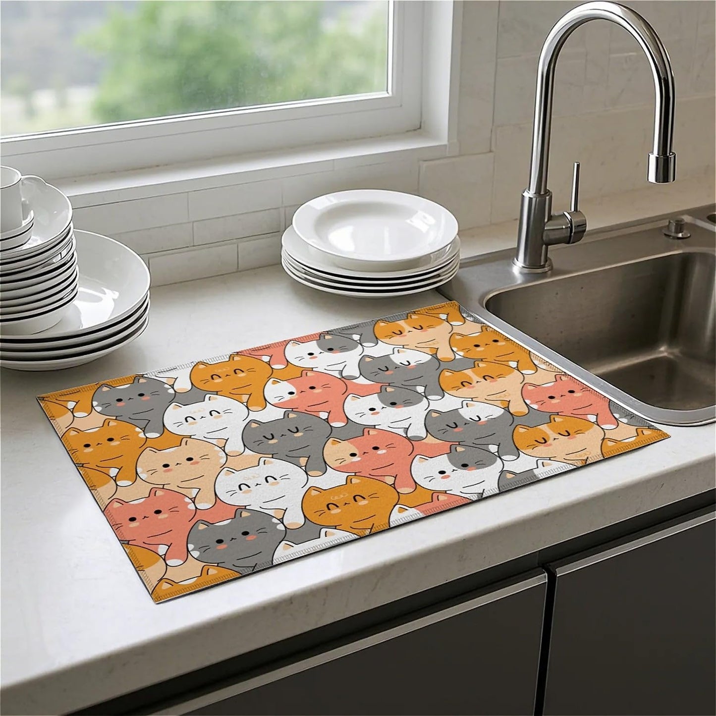 Dish Drying Mat For Kitchen Counter, Cute Cats Animals Microfiber Absorbent Dish Drainer Rack Pad Reusable Large 18x24in Drying Mat
