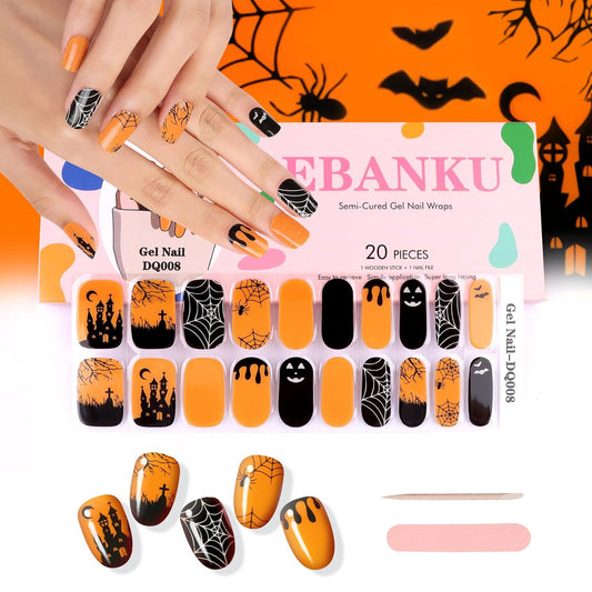 EBANKU Cured Gel Nail Stickers, 20 PCS Halloween Nail Gel Polish Strips, Adhesive Gel Nail Strips for Nail Design, Castle Spider Web Bat Nail Polish Stickers for Women Girls
