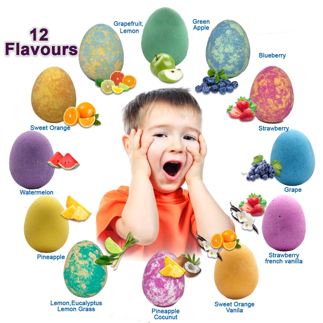 Bath Bombs for Kids with Surprise Inside - 12 Organic Bubble Bath Fizzies with Dragon Egg Toys. Gentle & Kids Friendly w/Rich Bubbles & Rainbow Colors, Birthday Gifts for Boys, Girls