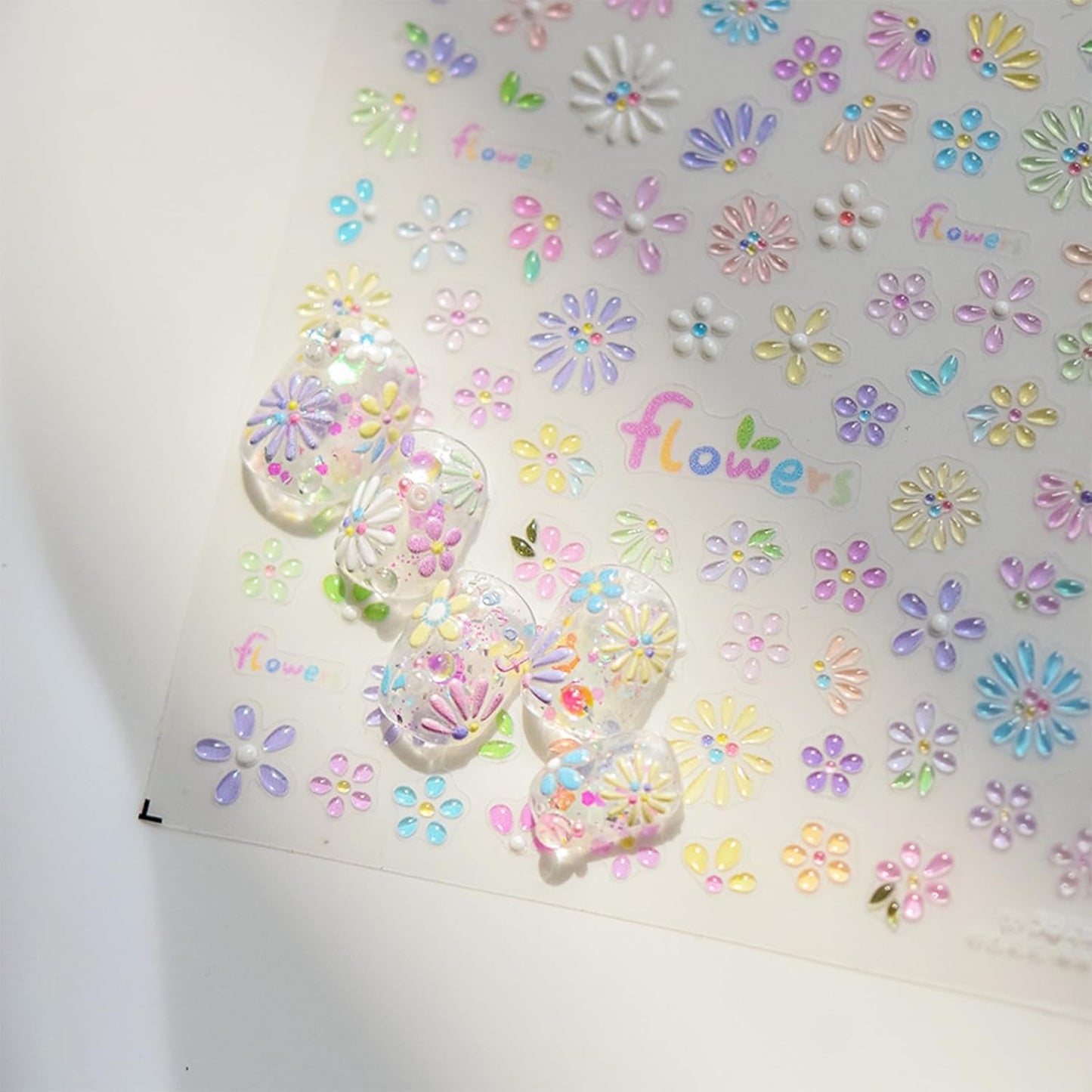 5D Flower Nail Art Stickers,Embossed Self-Adhesive Colorful Floral Nail Decals Cute Daisy Small Flower Floral Nail Art Supplies Summer Nail Design for Women and Girls DIY Manicure Decoration