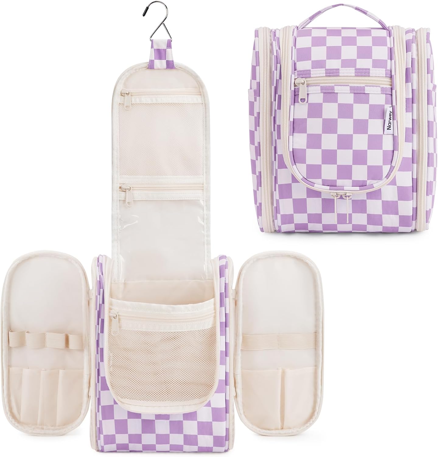 Narwey Small Checkered Hanging Travel Toiletry Bag for Women, Travel Bag for Toiletries, Makeup Bag Organizer Cosmetic Bags Make Up Bags for Women (Purple Checkerboard)