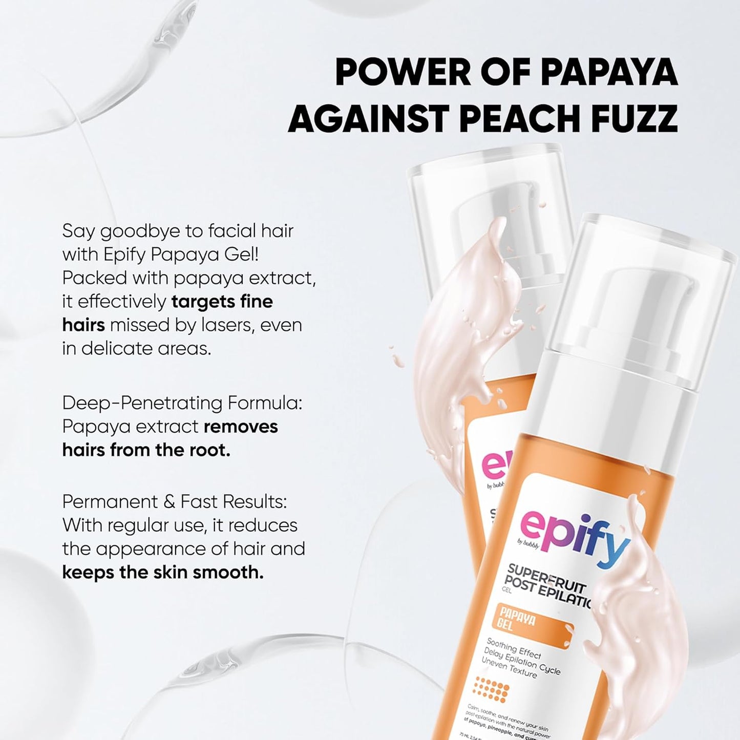 Epify Superfruit Post Epilation Papaya Gel, Hair Inhibitor for Face and Body, Non-Irritating Formula, Soothing Effect, Hair Growth Minimizer, 2.54 Fl Oz (1)