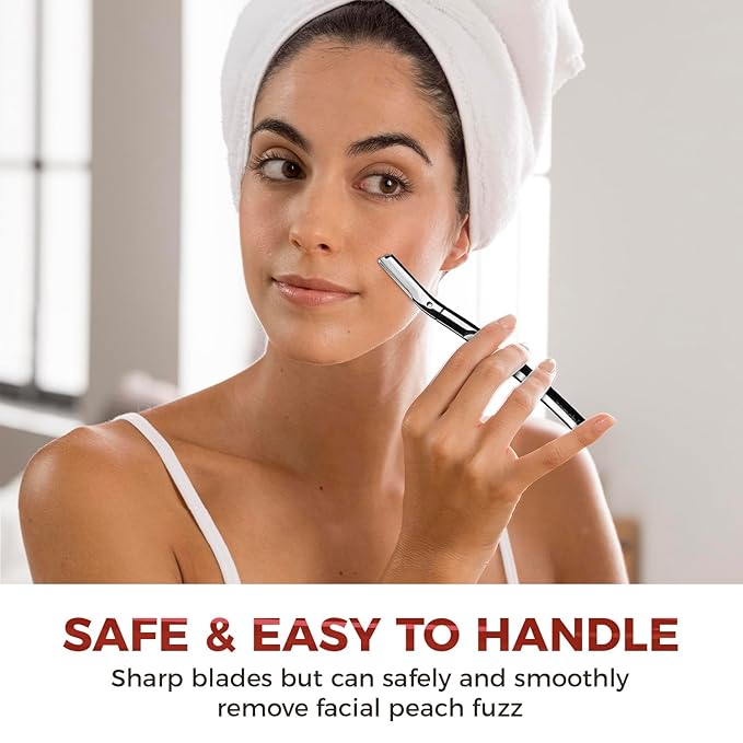 ZOMCHI Eyebrow Razor and Face Razor for Women and Men, Reusable Metal Handle with 11 Refill Blades, Dermaplane Razor with Protective Silicone Cap, Eyebrow Hair Trimmer - Polished Silver
