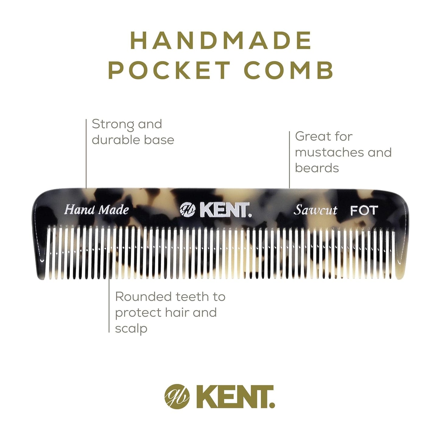 Kent FOT Tokyo White Fine Tooth Comb for Men - Handmade Pocket Comb for Travel, Styling, Fine or Thinning Hair, Mustache and Beard Care Handpolished Saw-Cut Made in England