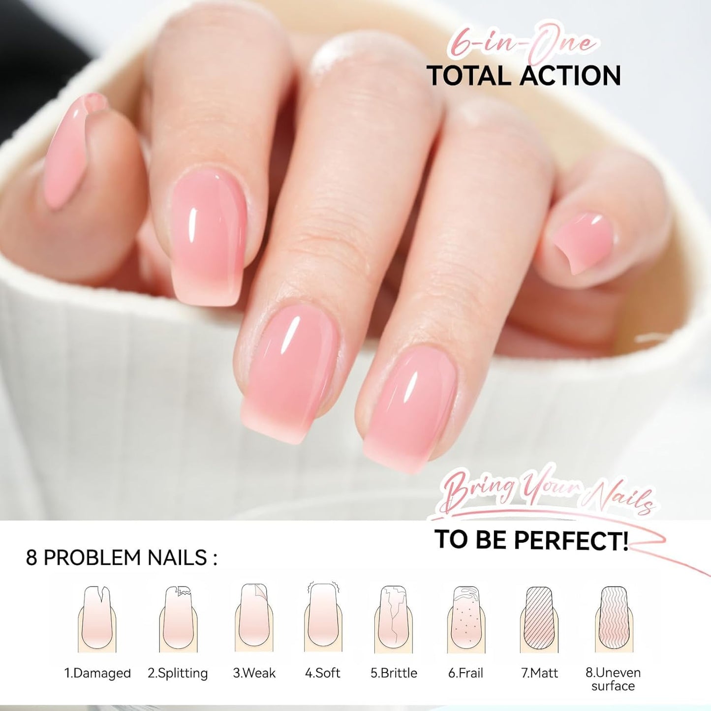 Nail Strengthener Protein for Damaged Nails: Pink 15ml 6 in 1 Natural Nail Hardener Extra Strong and Growth - Long Lasting Repair for Damaged Nails - Growth Oil for Salon Home Daily Work