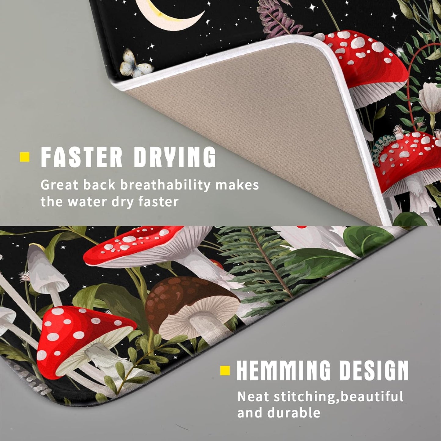 Red Mushroom Dish Drying Mat for Kitchen Counter Plant Leaves Drainer Mats Rack Holder Countertop Absorbent Microfiber Coffee Pads 16x18 Inch