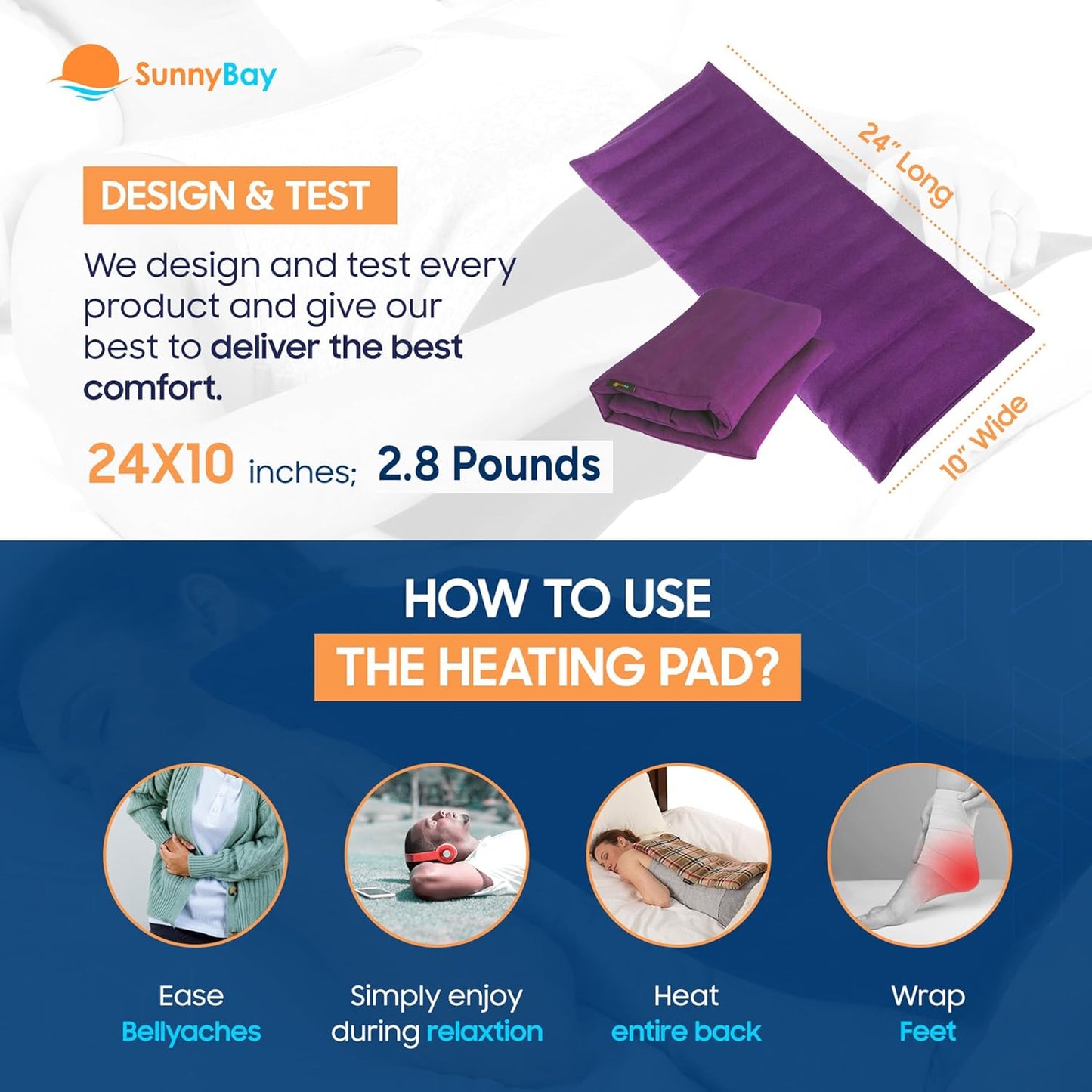 SunnyBay Extra Large Microwave Heating Pad, Microwavable Heavy Weighted Full Body Moist Cold Pack and Washable Fleece Cover, 10x24 Inches, FSA HSA Eligible, 2.8 lbs, Made in USA, Purple