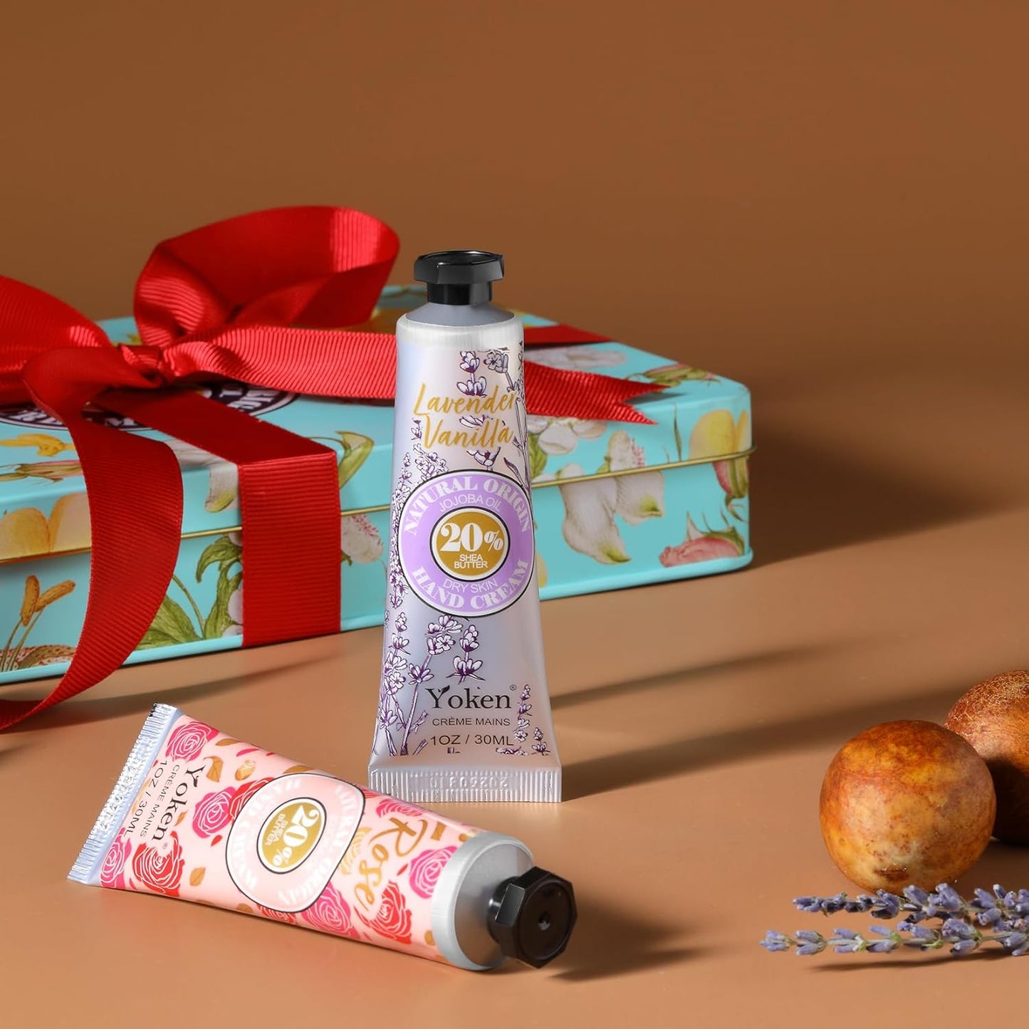 Yoken 20% Shea Butter Hand Cream Gift Set, Instant Moisturizing Hand Cream for Women Dry Hands with Delicate Tin, Floral-Scented Hand Lotion 6 x 1 OZ