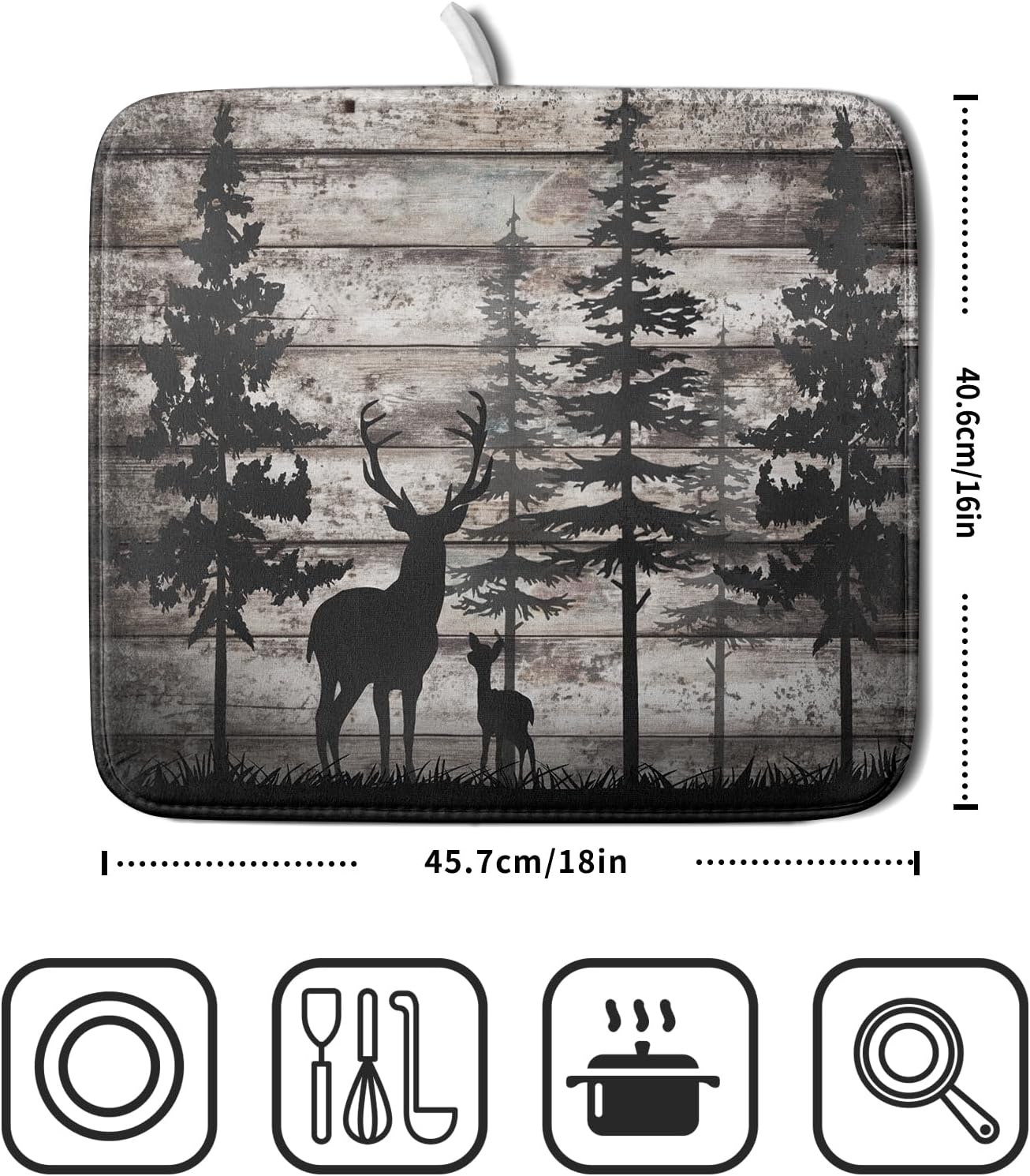 Forest Deer Dish Drying Mat Wildlife Animal Decorative Microfiber Dishes Pad 16x18 Inch Absorbent Reversible Kitchen Counter Drainer Mats