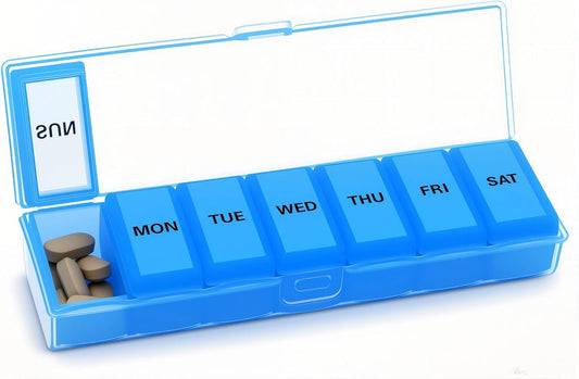 Silicone Weekly Pill Organizer 7 Day, Arthritis-Friendly Medicine Box Daily Pill Box, Large Medicine Case with Shell, Compact Travel Pill Container for Pill, Vitamin, & Fish Oil (Blue)