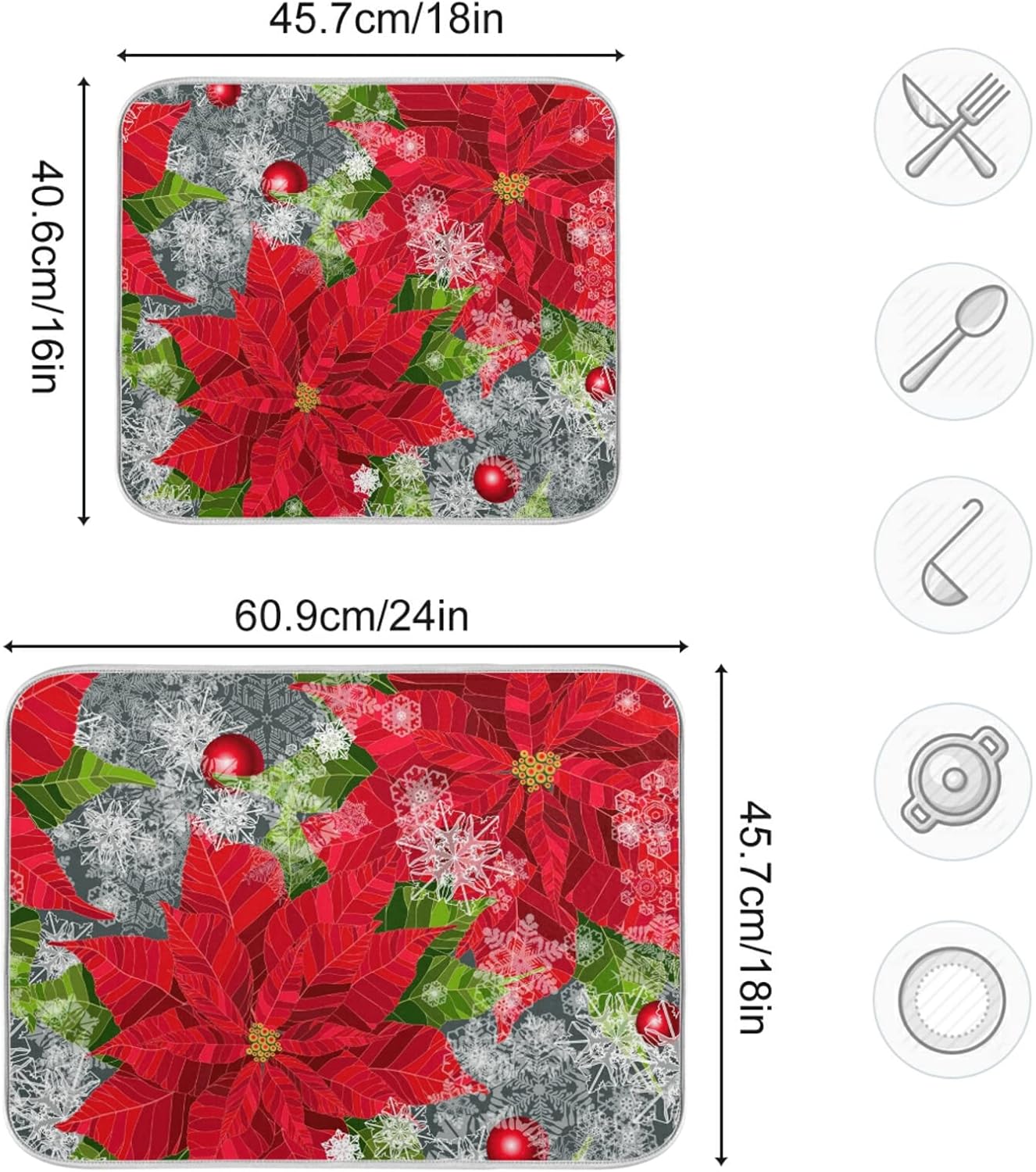 Dish Drying Mat for Kitchen Counter 18 x 16 Inch Happy Holidays Poinsettias Flower Christmas Microfiber Dish Mat Drying Pad Absorbent Dishes Pad Dish Drainer Rack Mats