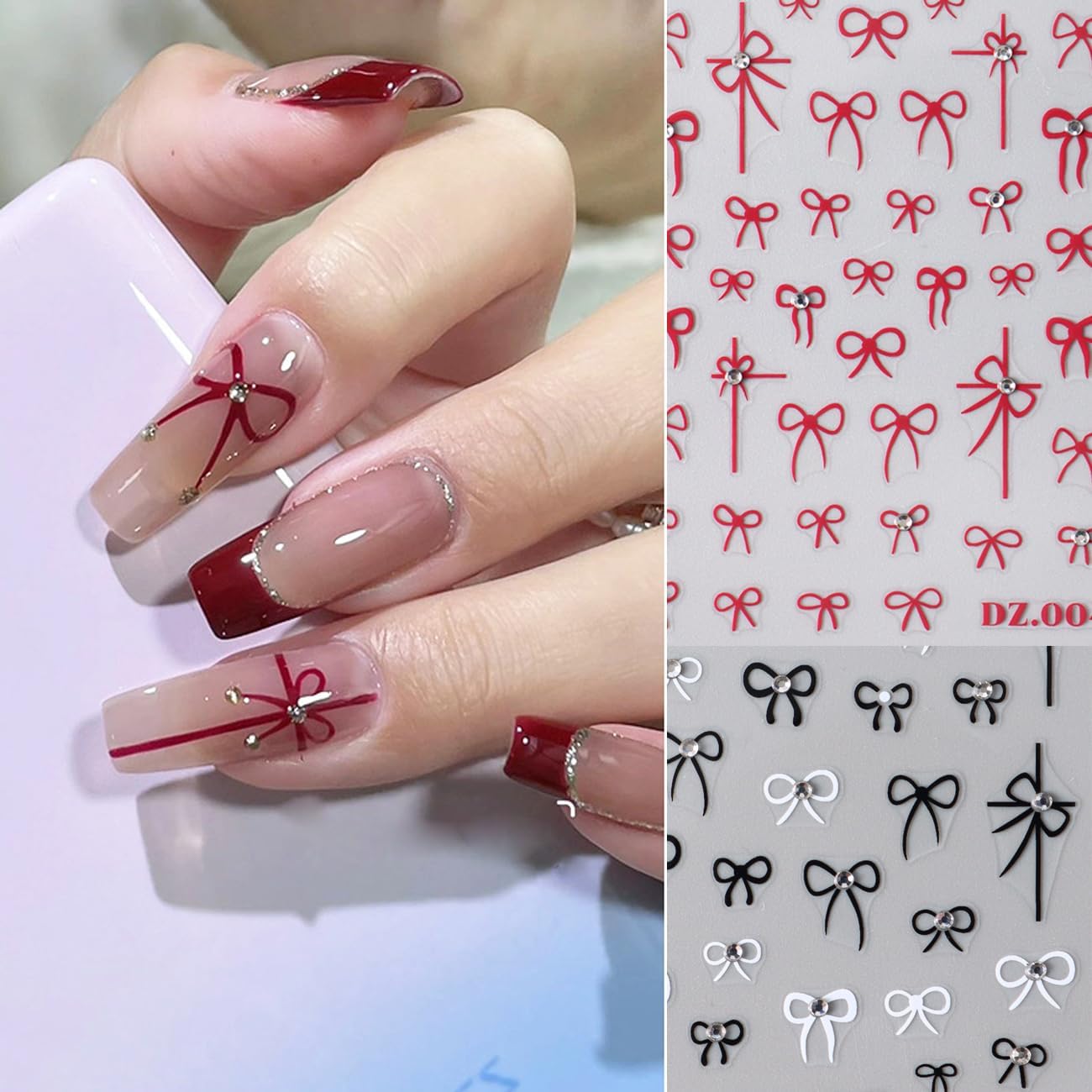 4Sheets Bow Nail Stickers for Nail Art Set, Bow 3D Nail Art Sticker Self-Adhesive Black White Red Bow Shiny Clear Diamond Nail Designs Cute Bow Decals for Women Girls Bow-Knot Manicure Decorations