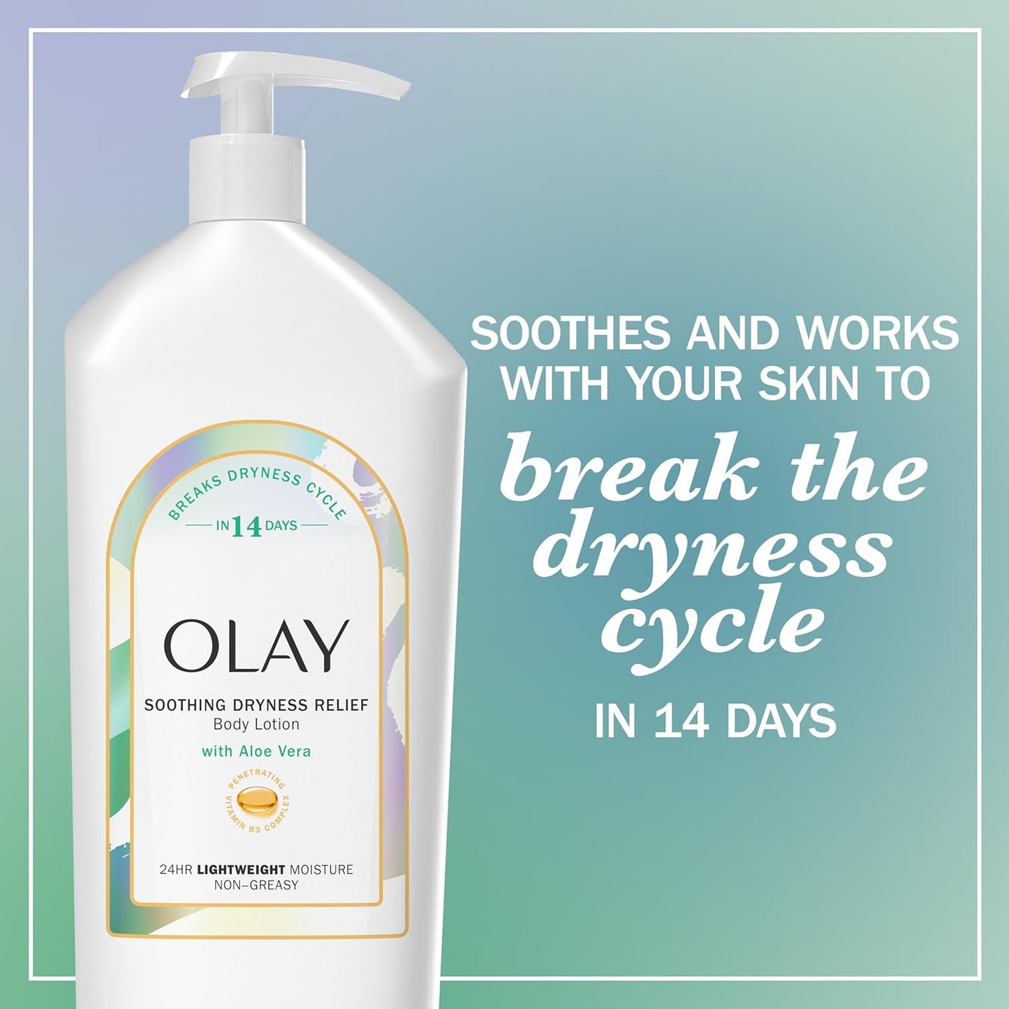 Olay Body Lotion for Women, Soothing Dryness Relief, 24hr Moisturizing & Deep Hydration, Absorbs Instantly, Penetrating Vitamin B3 Complex, For All Skin Types, Aloe Vera Scent, 18 fl oz