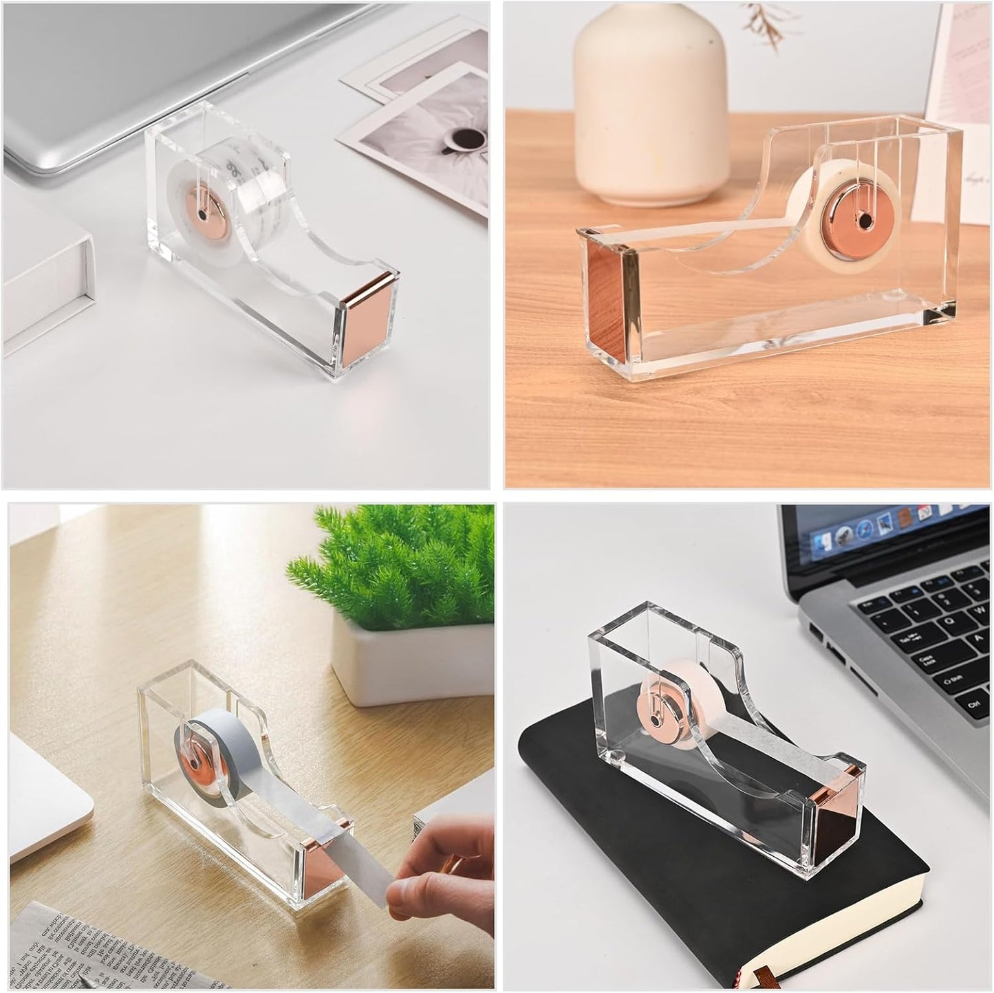 Modern Acrylic Tape Dispenser, Heavy Duty Tape Dispenser with Non-Slip Bace, Single Hand Dispensing Clear Sticker Organizer Perfect for Office, Home, School-Rose Gold
