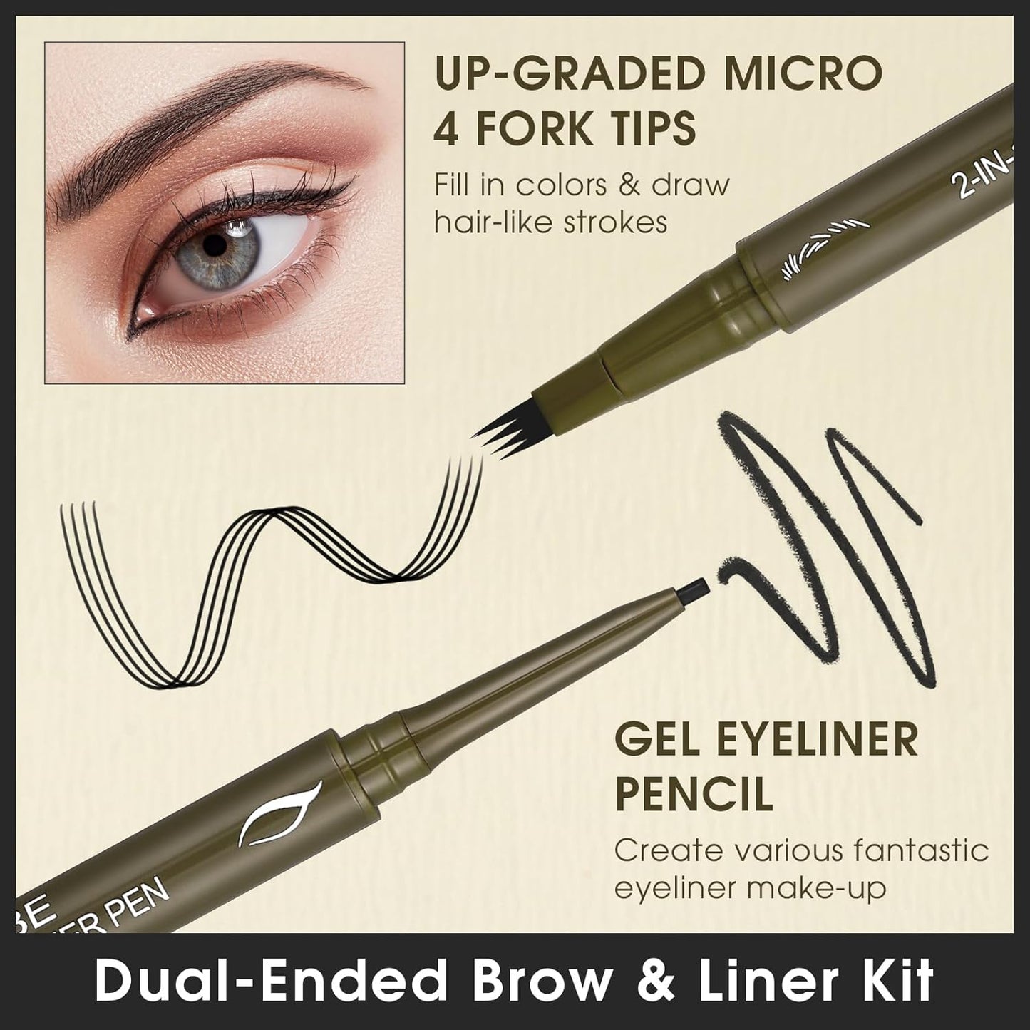 UCANBE Eyebrow Pen, Dual-Ended Eyebrow Pencil with 4-Fork-Tip & Gel Eyeliner for Women, Eye Brow Pen with Gel Eyeliner Pencil, Microblading Eyebrow Pencils with Hair Like Strokes, Soft Black