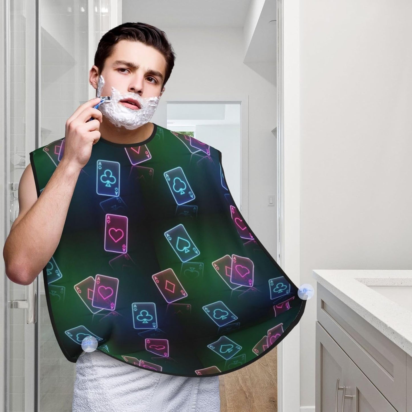 Non-Stick Beard Shaving Bib, Hair Catcher Apron with Suction Cups, Waterproof Grooming Tool for Men Husband, Ace of Poker Card Style Neon Black Shave Bib