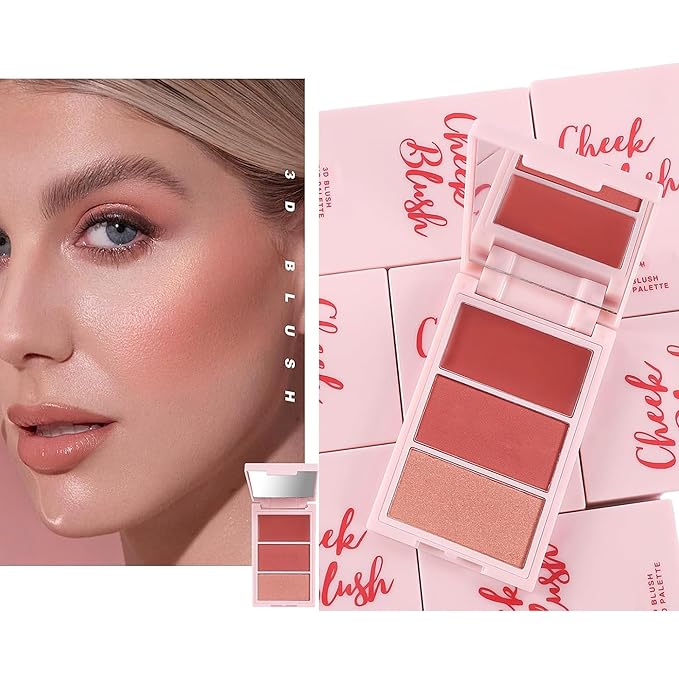 3D Blush Palette, Multi-Use Makeup Contour Pressed Powder Long-Lasting Pigment Cheekbones Contouring Blush Blendable Natural Shimmery Or Matte Finish, #03 Coffee