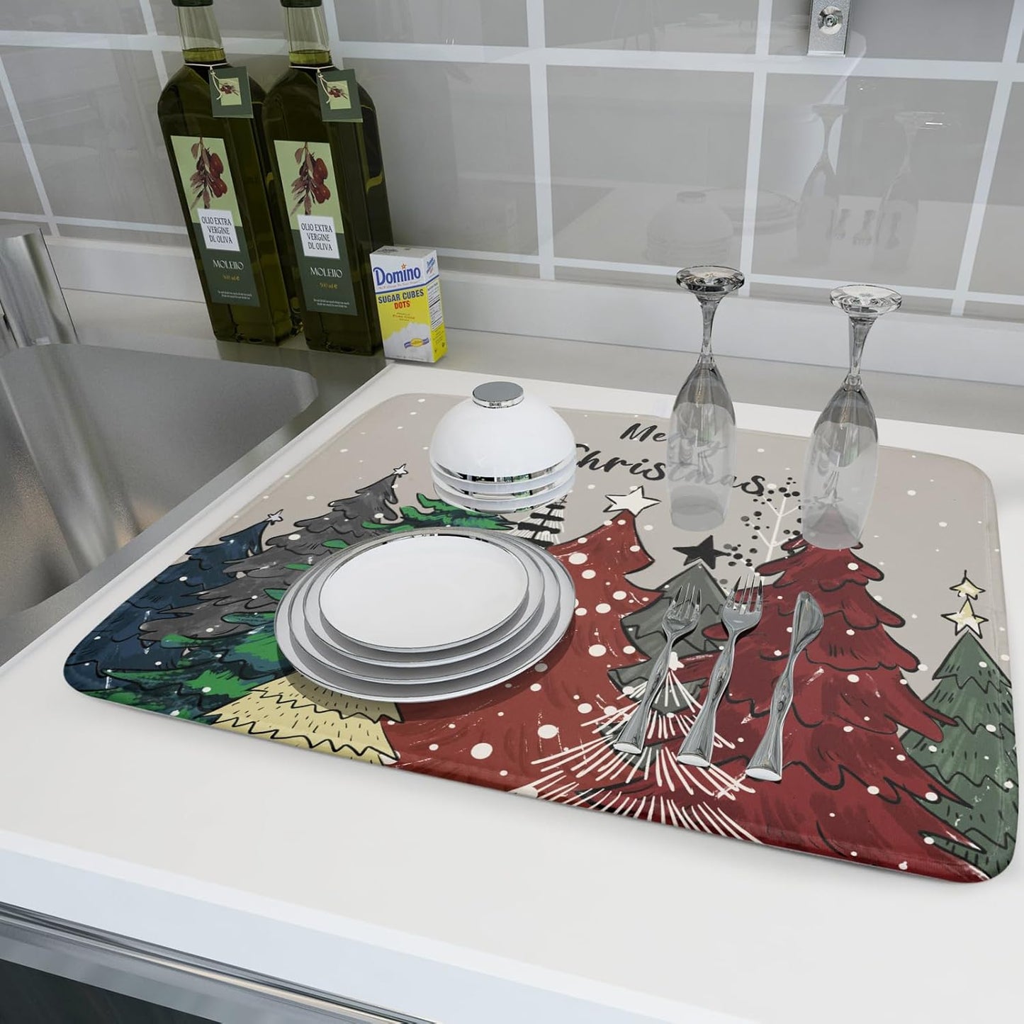 Christmas Trees Dish Drying Mat Winter Holiday Kitchen Dishes Pad 18x24 Inch Absorbent Reversible Fast Dry Draining Rack Pad for Countertop