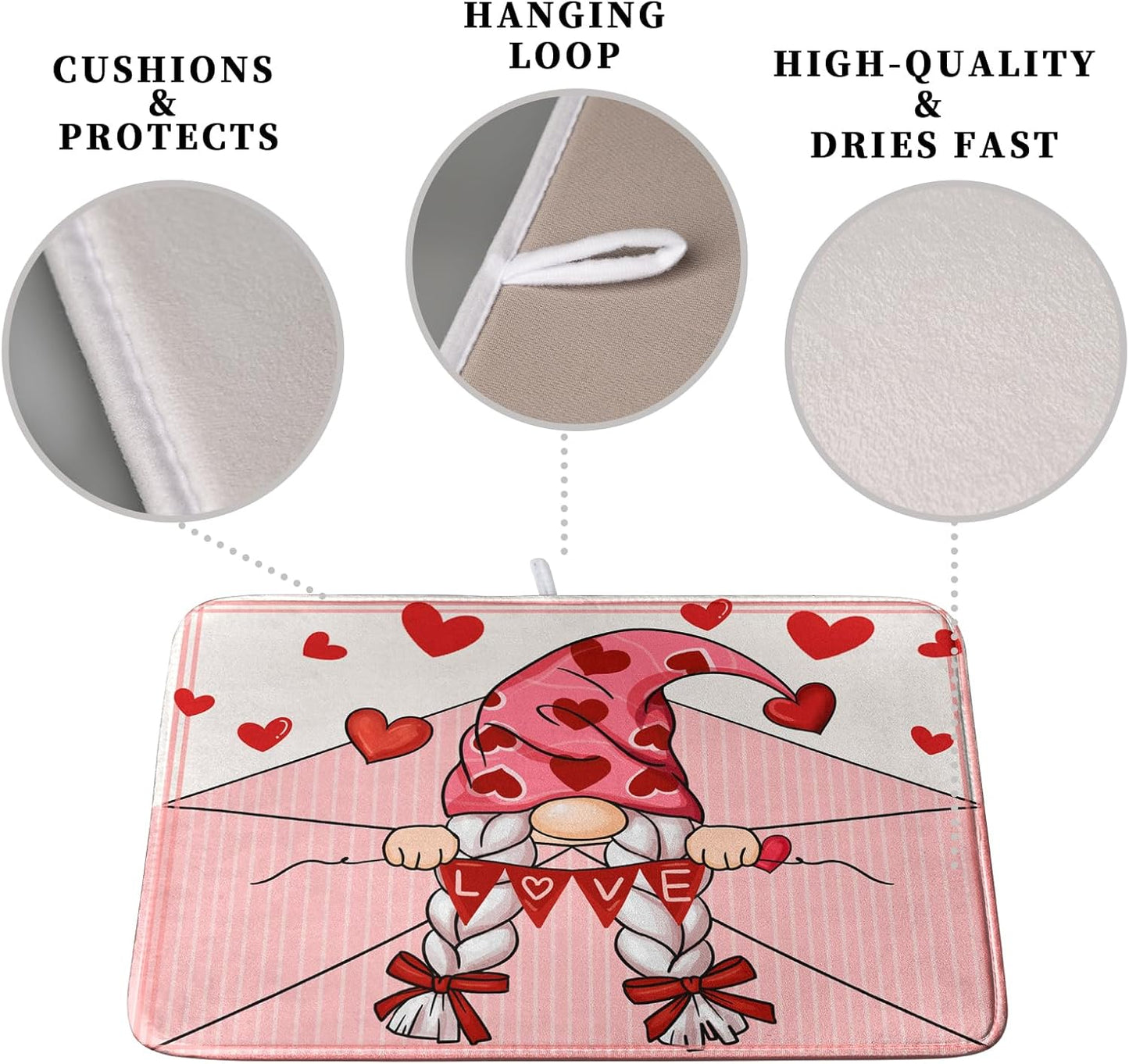 Valentine's Day Love Letter Dish Drying Mat for Kitchen Counter, Love Letter Gnome Absorbent Dish Pad Large Dish Drainer Mats for Countertop 16x18 Inch