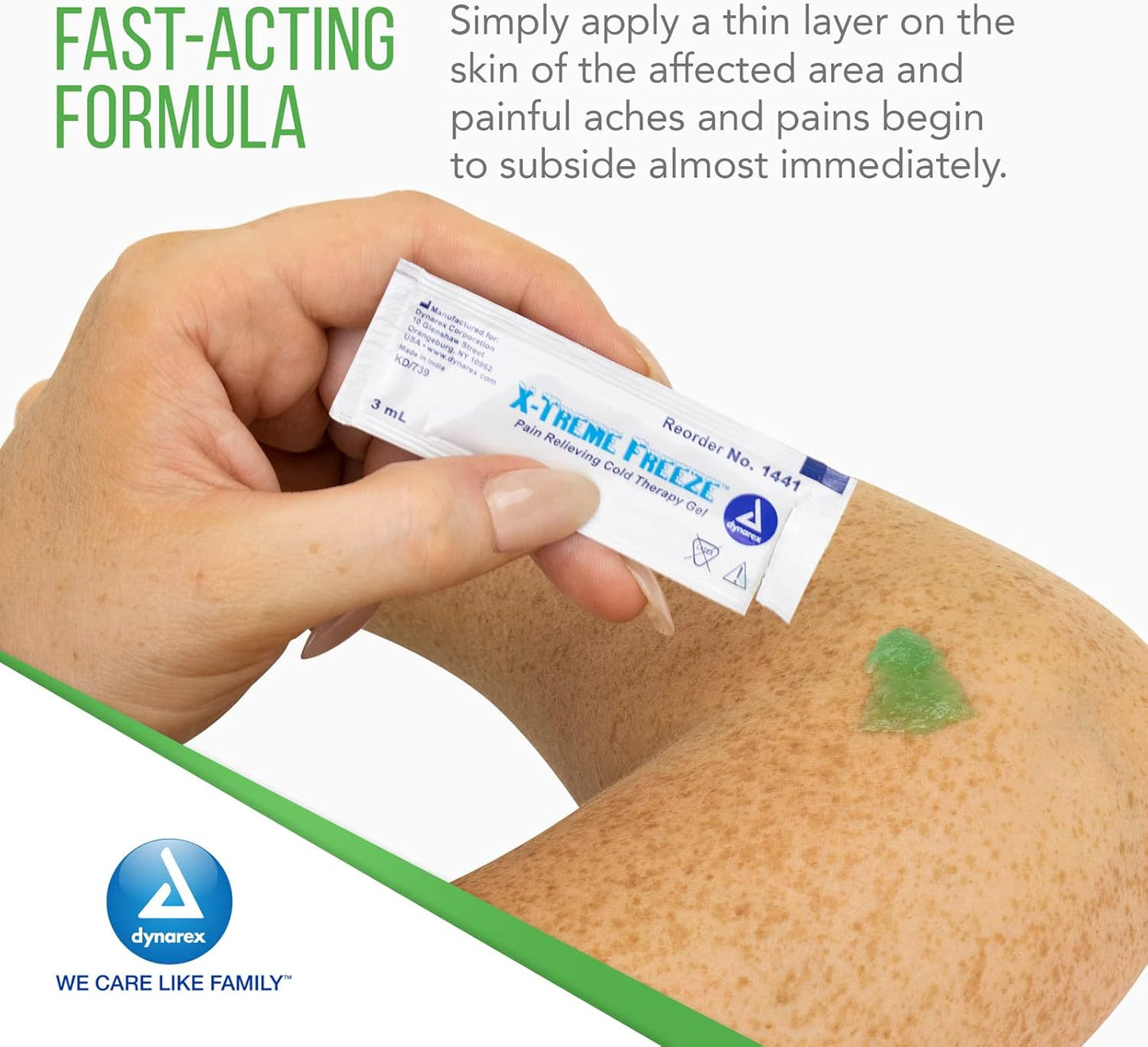 Dynarex X-Treme Freeze Relieving Cold Therapy Gel, Apply Directly to Skin, Green, Individual 3-ml Packet, 2 Boxes of 100 X-Treme Freeze Relieving Cold Therapy Gel 3-ml Packets