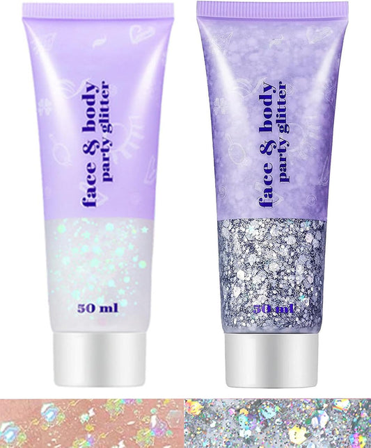 Go Ho Silver and White Body Glitter Set,Singer Concerts Face Glitter Gel Makeup,Holographic Long Lasting Chunky Sequins Glitters for Eye Lip Hair Nails,Festival Rave Accessories,Silver&White