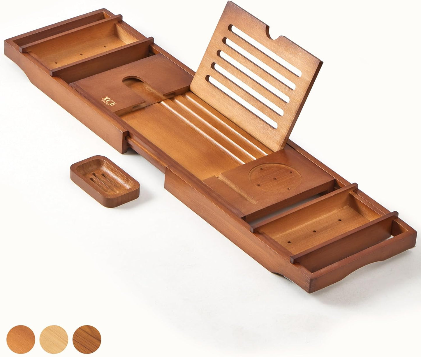 XcE Bathtub Caddy Tray Expandable to 105cm with Bamboo Book Stand and Soap Tray, Brown