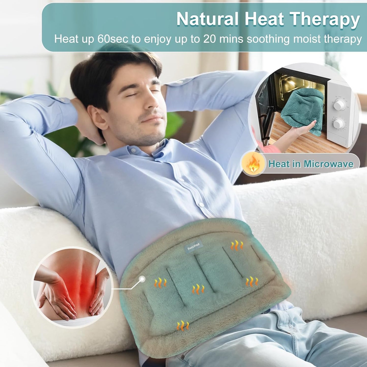 SuzziPad Microwavable Meating Pads for Back Discomfort, Microwave Heat Pad for Lumbar, Waist, Stomach, Neck Shoulder, Wrap with Moist Therapy, Warm & Cold Compress