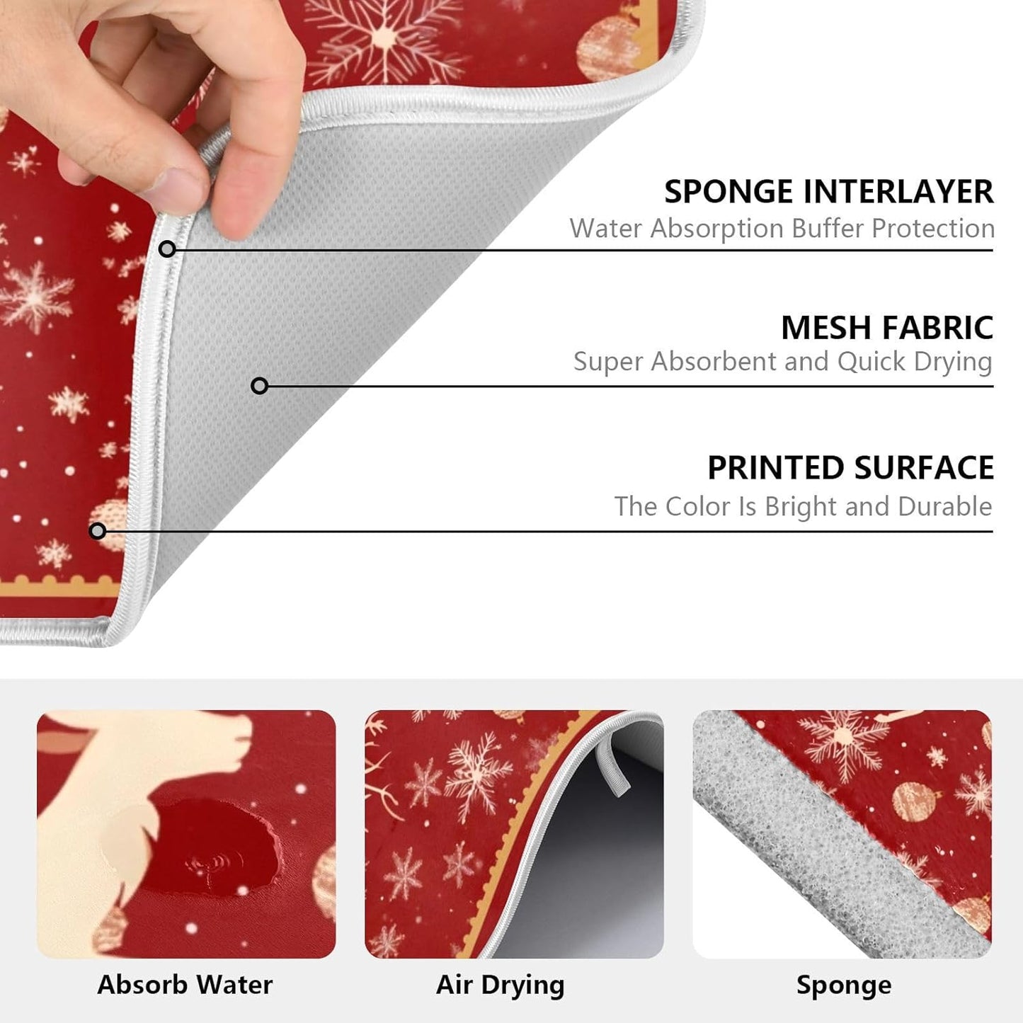 Golden Snowflake Elk Reindeer Red Dish Drying Mat Christmas Dish Drainer Mat for Kitchen Counter 18x24 inch Absorbent Microfiber Dishes Pad Xmas Winter Decoration