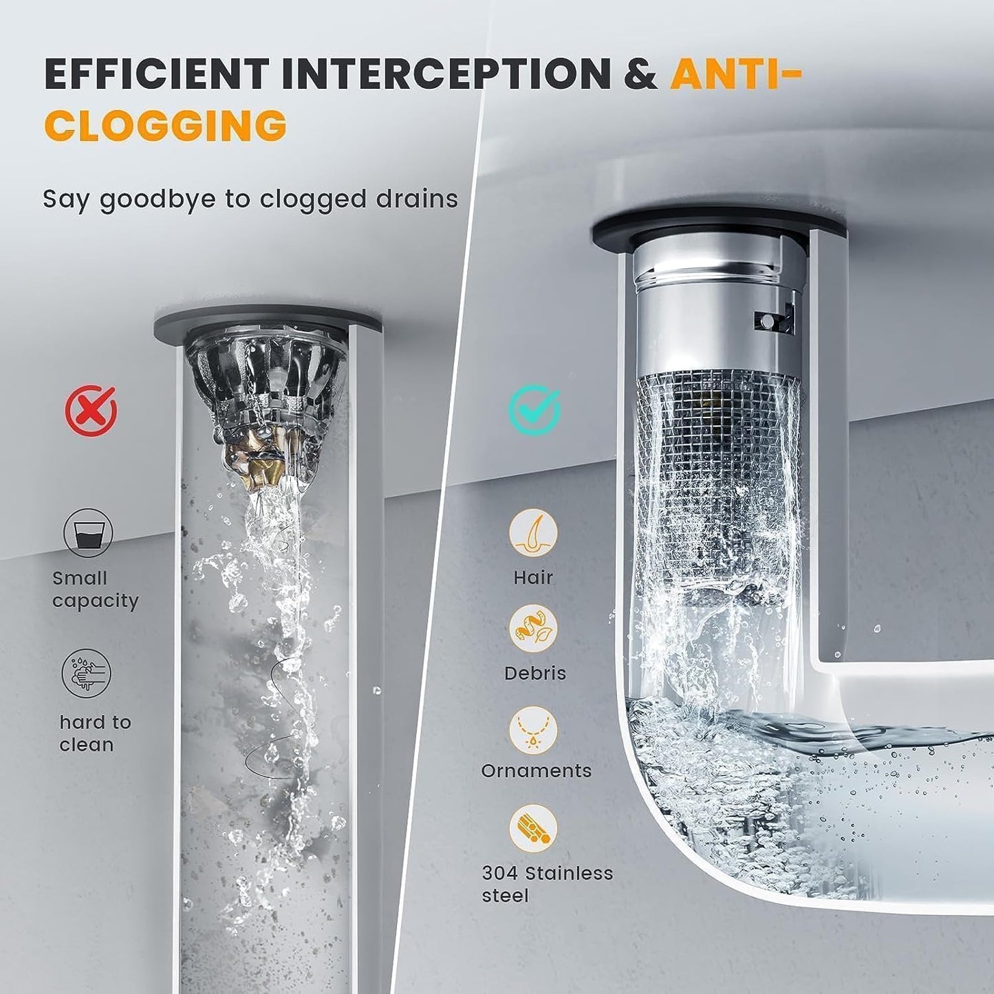 Sink Plug Hair Trap, Off-Bathroom Sink Stopper Hair Catcher, 2026 New Universal Pop up Sink Drain Filter, Stainless Steel Floor Drain Filter Bathroom Sink with Basket, Easy to Install (2Pack)