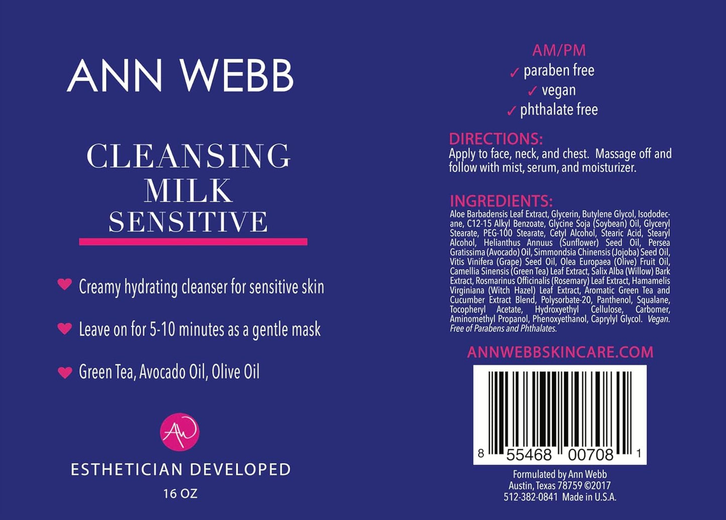Sensitive Cleansing Milk Gentle Daily Face Cleanser for Sensitive Skin with Lactic Acid - Nourishes and Rejuvenates All Skin Types (16oz)