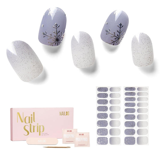 NAILOG Semi Cured Gel Nail Strips - 34 pcs Salon-Quality Winter Nail Wraps with Soft Gel Finish (Snow Rain)